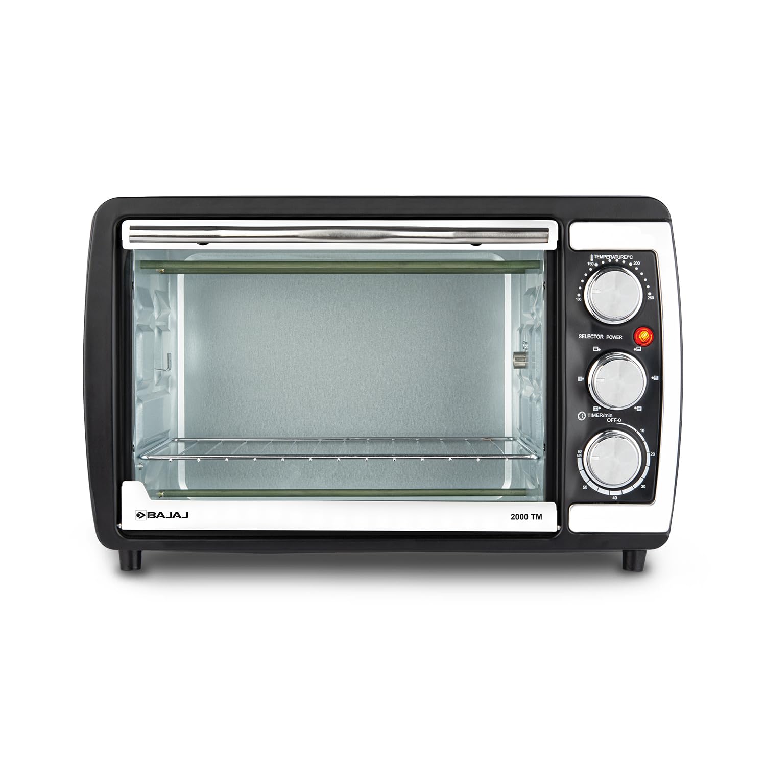 Bajaj 2000TM 20Ltr Oven Toaster Griller (20L OTG) | 1400 Watts Oven For Kitchen | Grilling, Baking, Toasting & Rotisserie | Transparent Glass Door | Temperature & Timer Control | 2 Yr Warranty 【Black】