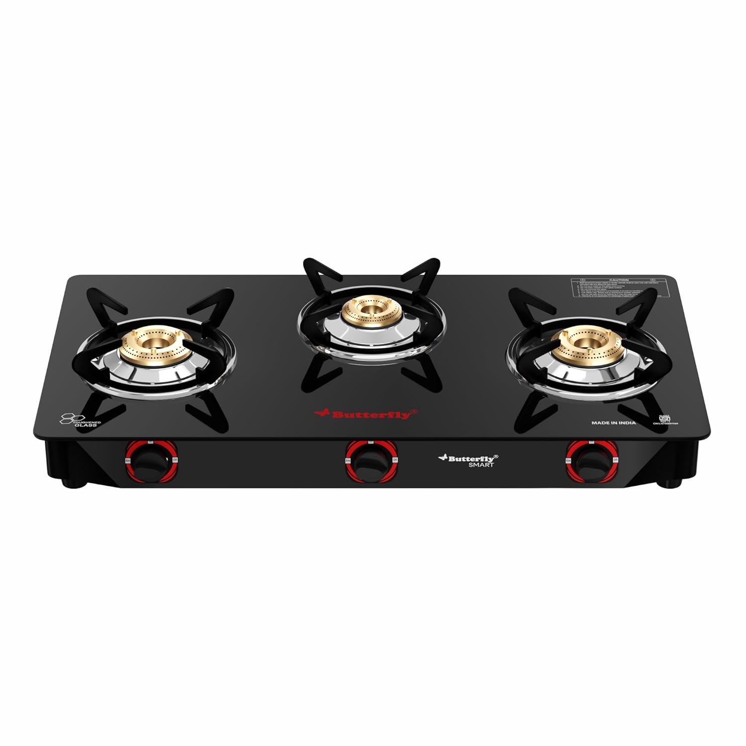 Butterfly Smart 3 Burner Glass Top Gas Stove | Manual Ignition | Scratch Resistant Toughened Glass | Brass Burners | Skid-proof Legs | 1 Year Manufacturer's Warranty | Black