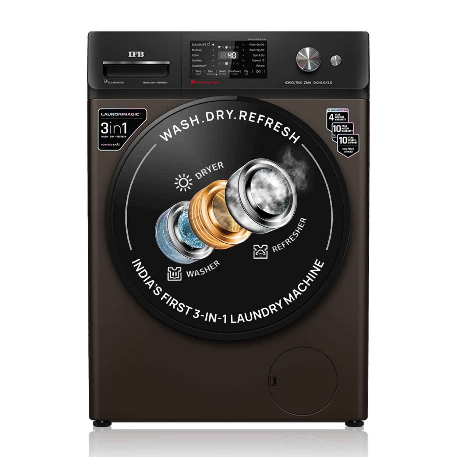 IFB 9/6/3 kg Fully Automatic Washer Dryer Refresher with Steam Refresh, AI Powered, 100% Dry Clothes, 9 Swirl Wash Mimic Handwashing, WiFi & Eco Inverter Motor (WDR Executive ZMN, Mocha)