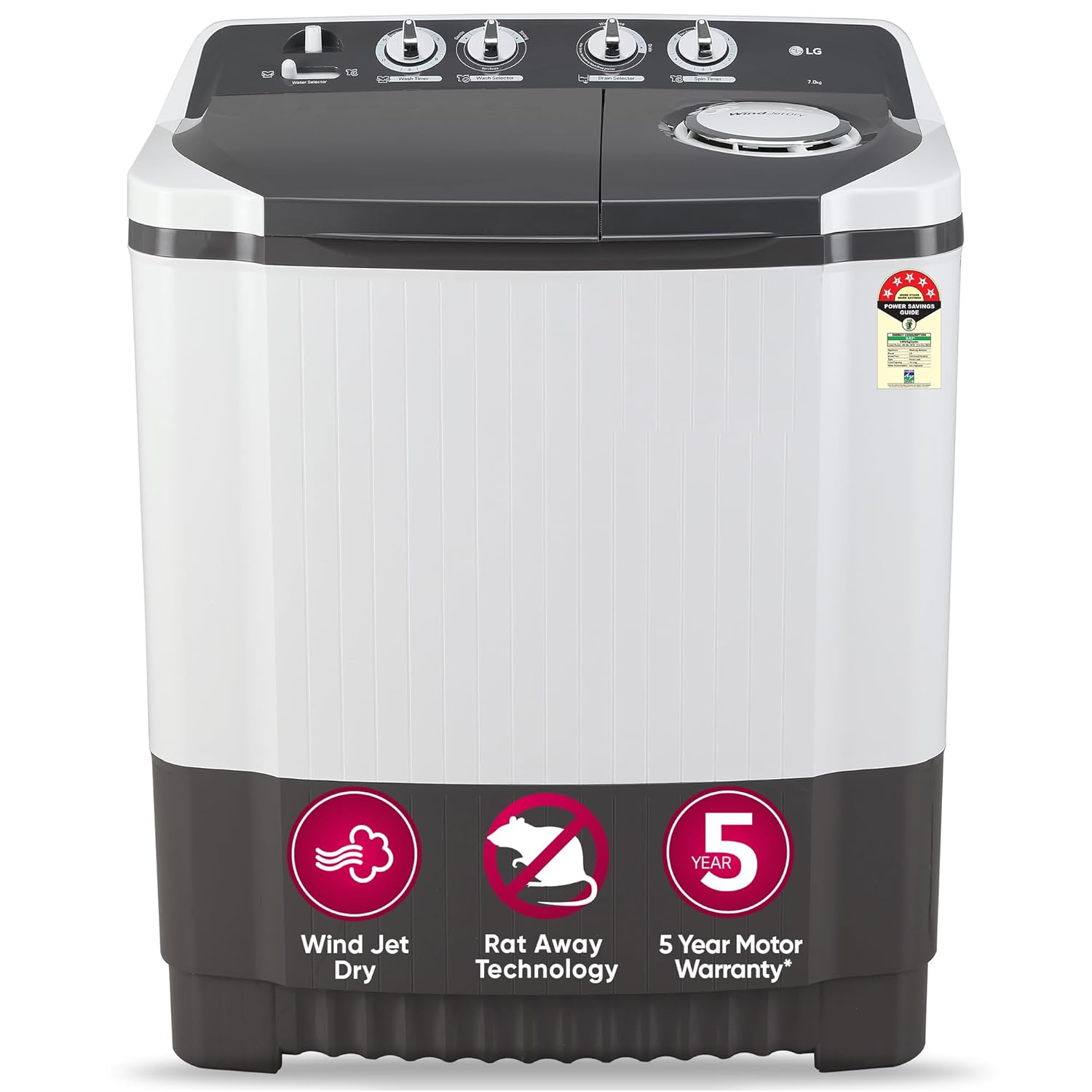 LG 7 Kg 5 Star Wind Jet Dry Semi-Automatic Top Loading Washing Machine (P7020NGAZ, Dark Gray, Rat Away Feature)
