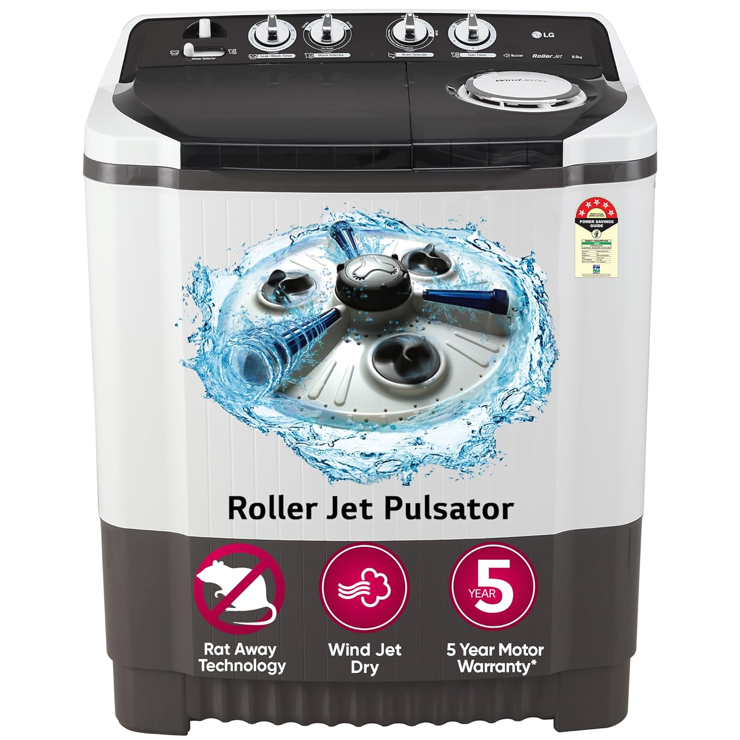 LG 8.0 Kg 5 Star Semi-Automatic Top Loading Washing Machine with Roller Jet Pulsator, Wind Jet Dry, Soak & Rat Away Technology (P8030SGAZ, Collar Scrubber & Rust Free Plastic Base, Dark Gray)
