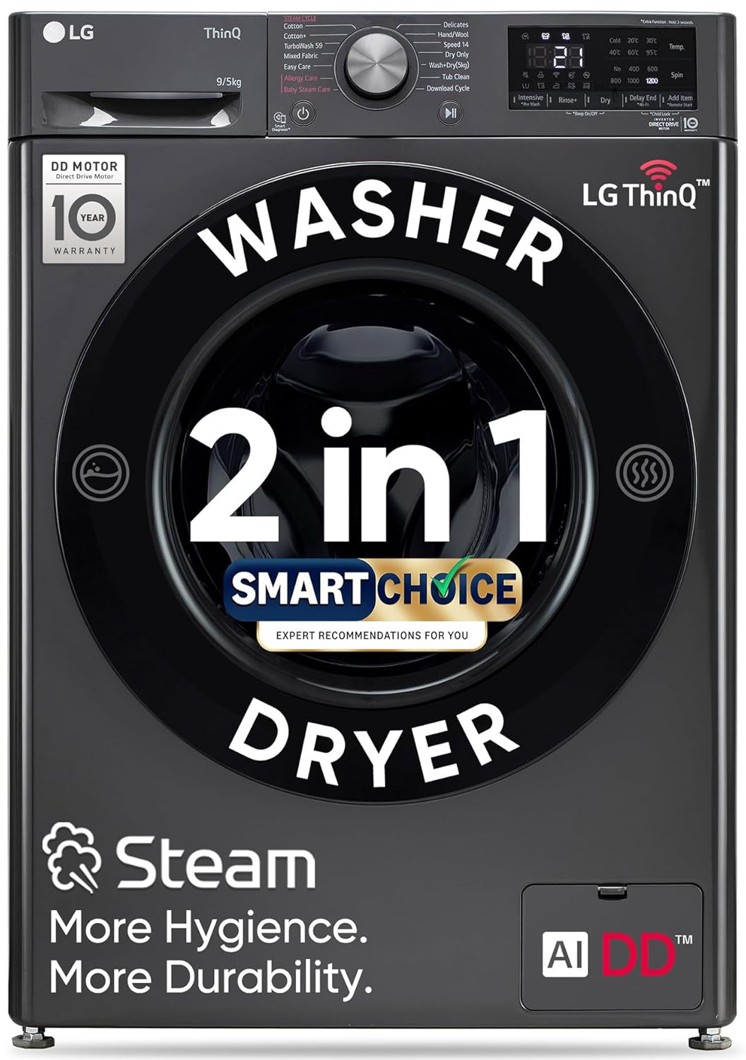 LG 9 Kg (Wash) / 5 Kg (Dry), Ai Direct Drive Technology, Steam, TurboWash & Wi-Fi Fully Automatic Front Load Washer Dryer (FHD0905SWM, Intelligent & Convenient Fabric Care, Allergy Care, Middle Black)