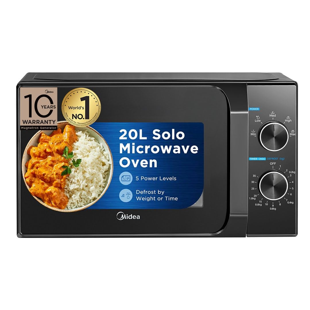 Midea 20L Solo Microwave Oven (MMO20CXAMMPEBK, Black, 5 power levels & Defrost function)