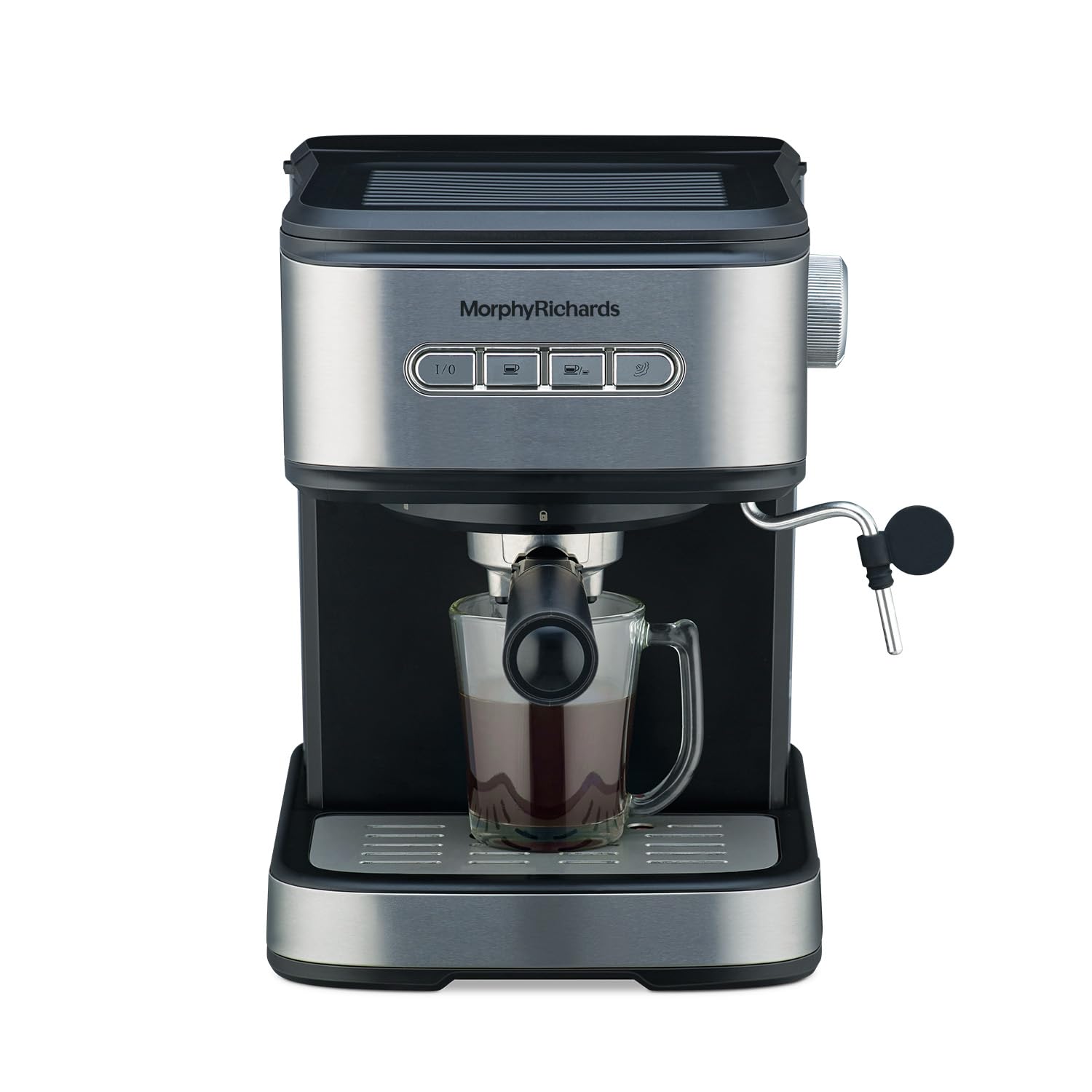 Morphy Richards Impresso Coffee Making Machine|Upto 20 Bar Pressure Rich Espresso Coffee Maker|Milk Frothing Nozzle|Push Button Operation|Removable Drip Tray|2-Yr Warranty By Brand|Black & Steel