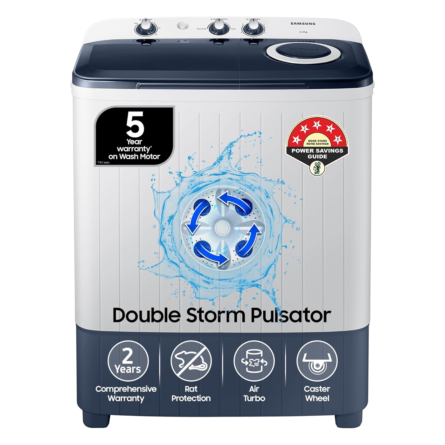 Samsung 6.5 kg, 5 star, Semi-Automatic Top Load Washing Machine (WT65R2200LL/TL, Air Turbo Drying, LIGHT GRAY, 5 Year Warranty on Wash Motor)