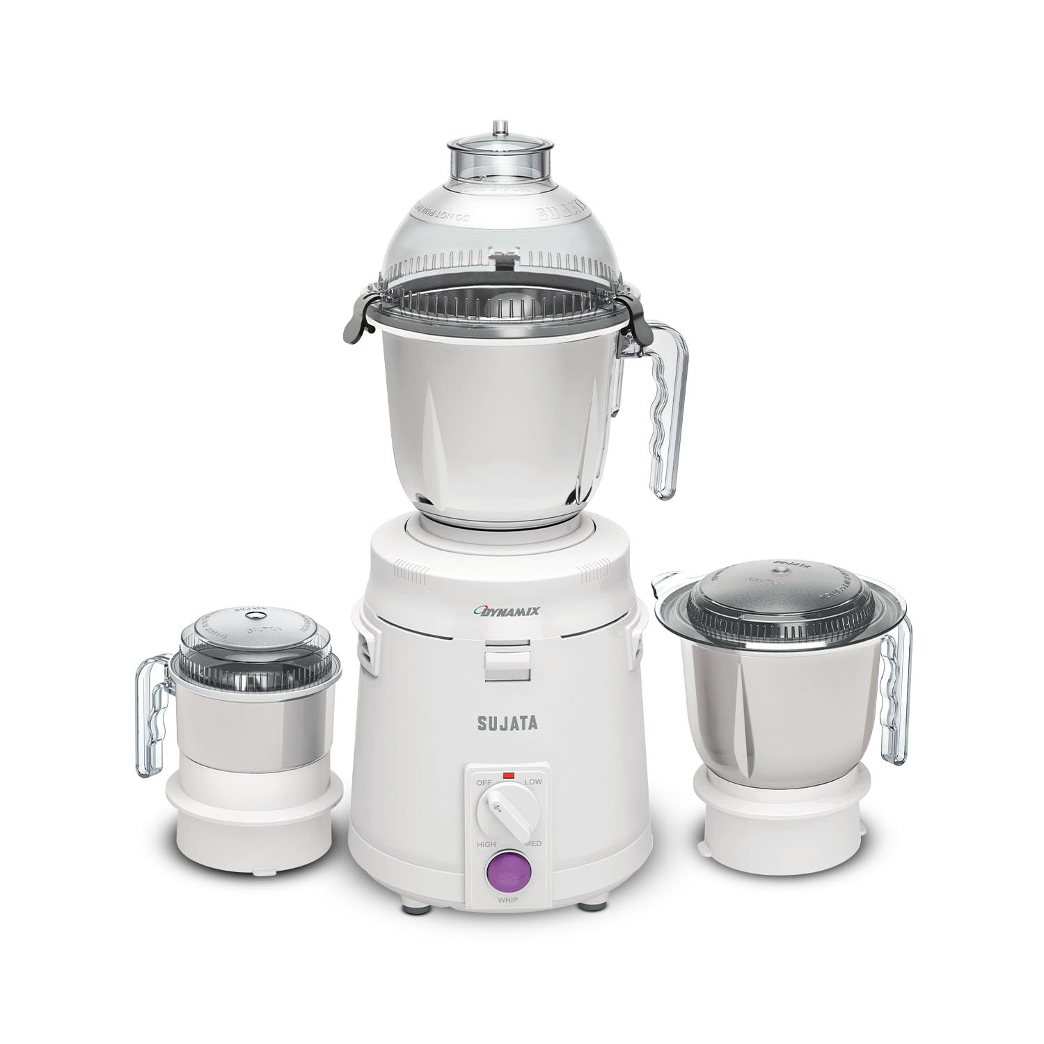 Sujata Dynamix Mixer Grinder|900 Watts Double Ball Bearing Motor|22000 RPM|Non-Stop 90 Mins Running|3 Food Grade Steel Jars including 1500ml Multipurpose, 1000ml Grinder, 500ml Chutney Jar| (White)
