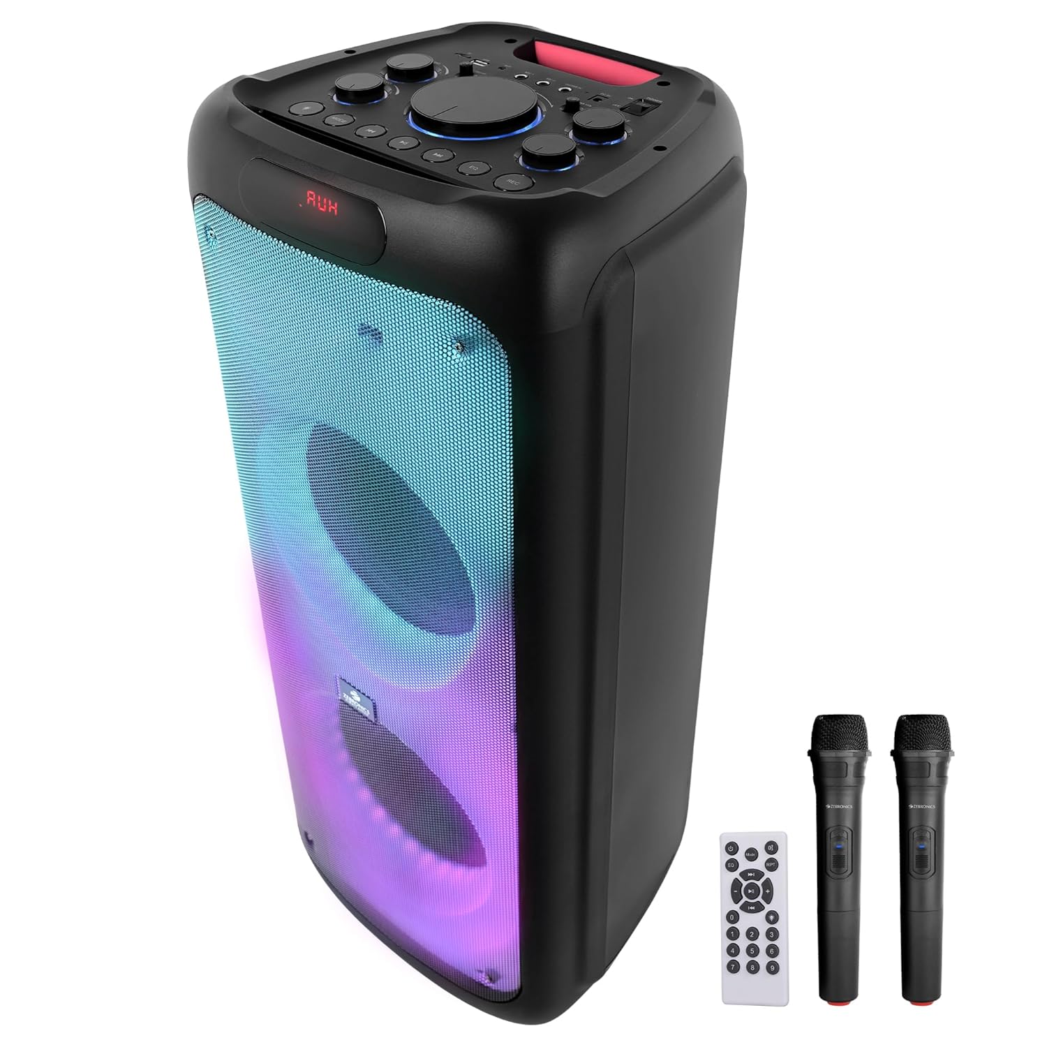 ZEBRONICS 120 Watts Party Speaker with 2 Wireless Mic, 7 hrs Playtime, Karaoke & Recording Function, Type-C Charging, TWS, Bluetooth, USB, AUX, mSD, RGB Modes (Thump 700)